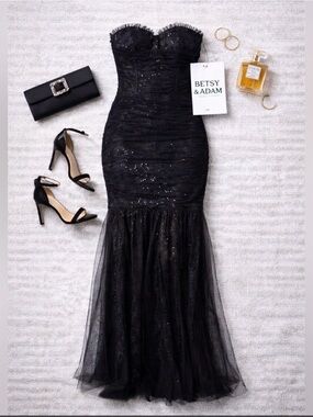 Betsy & Adam Black Strapless Sequin Mermaid Maxi Dress